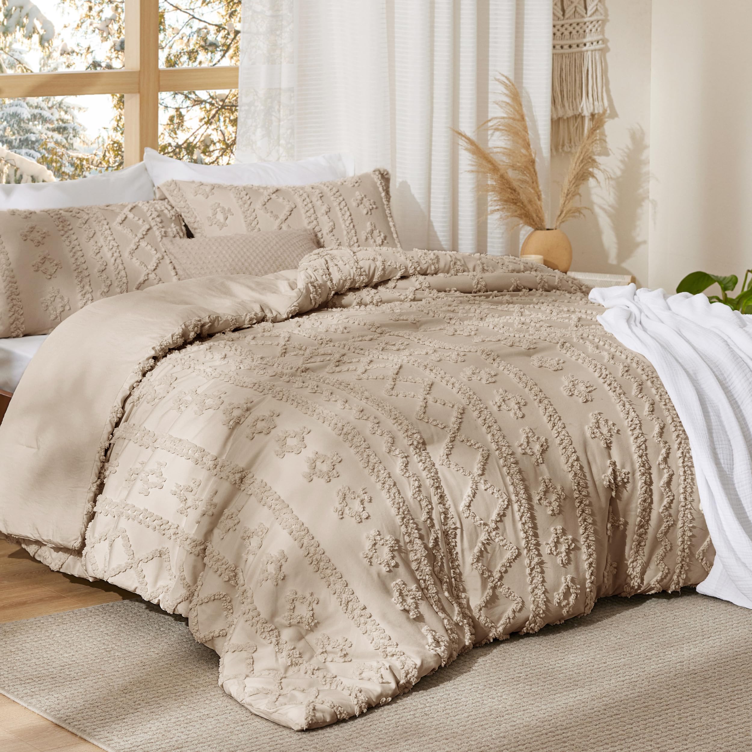 Bedsure tufted boho comforter set oversized king khaki embroidery-detail closeup highlights 3D texture