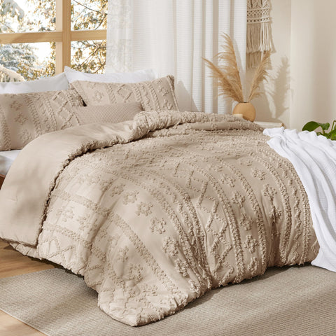 Bedsure tufted boho comforter set oversized king khaki embroidery-detail closeup highlights 3D texture