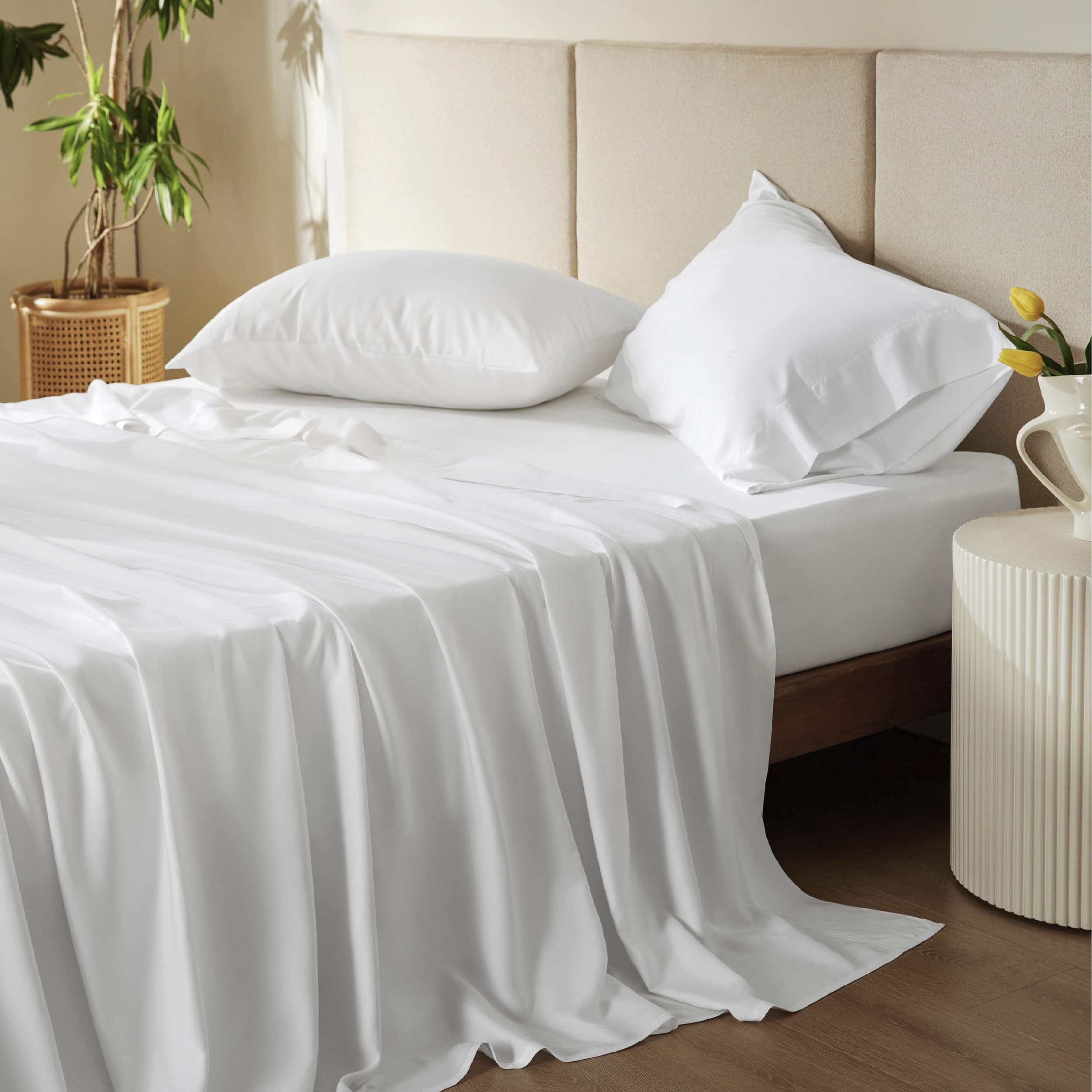 Bedsure twin cooling sheets flat lay showing silky bamboo rayon fabric for breathable comfort