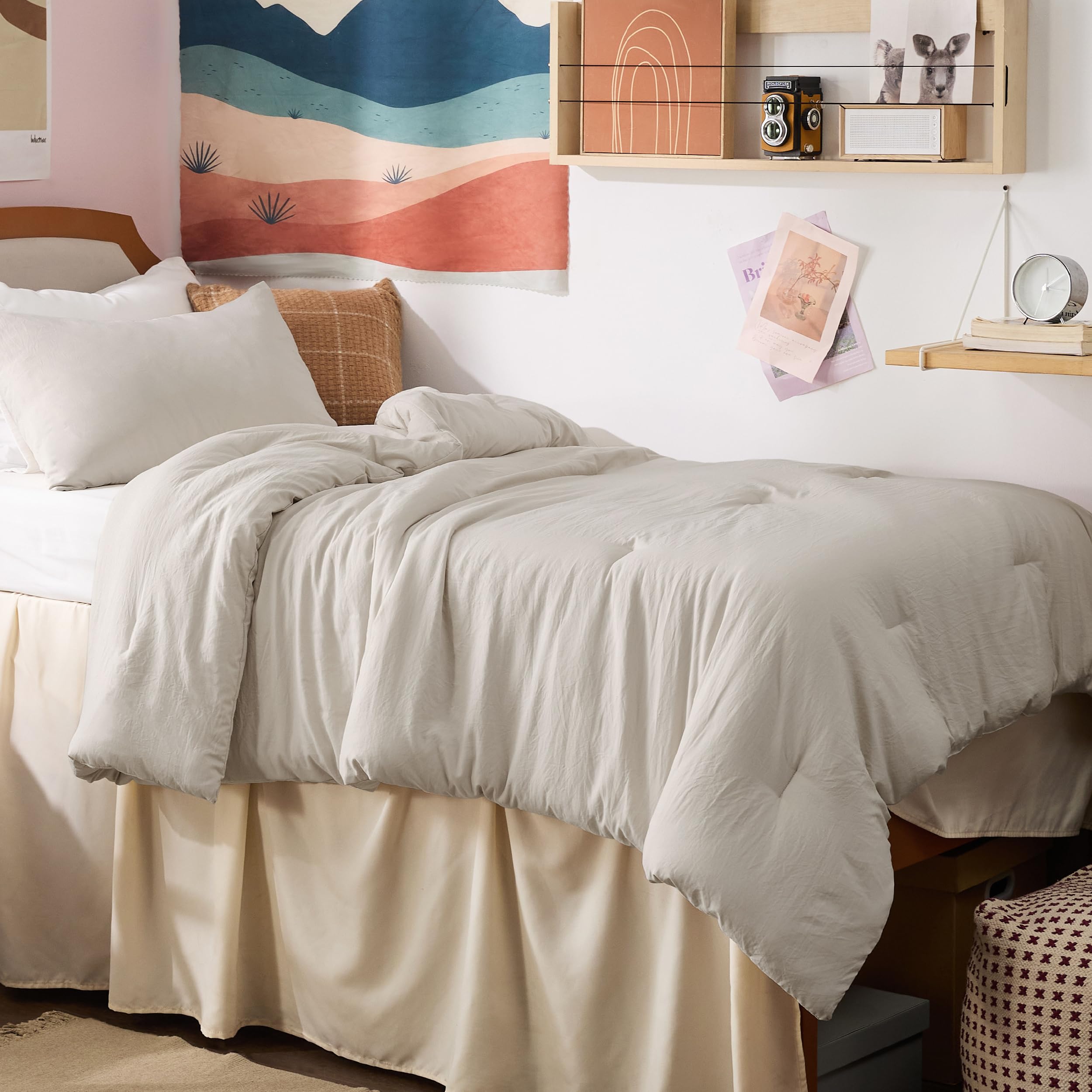 Bedsure twin-xl comforter beige folded neatly for dorm room styling