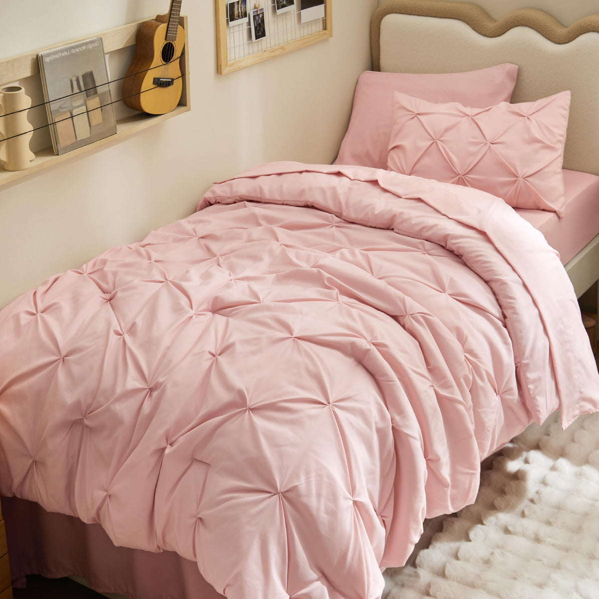 Bedsure twin xl comforter set with pinch-pleat detail adds refined dorm decor