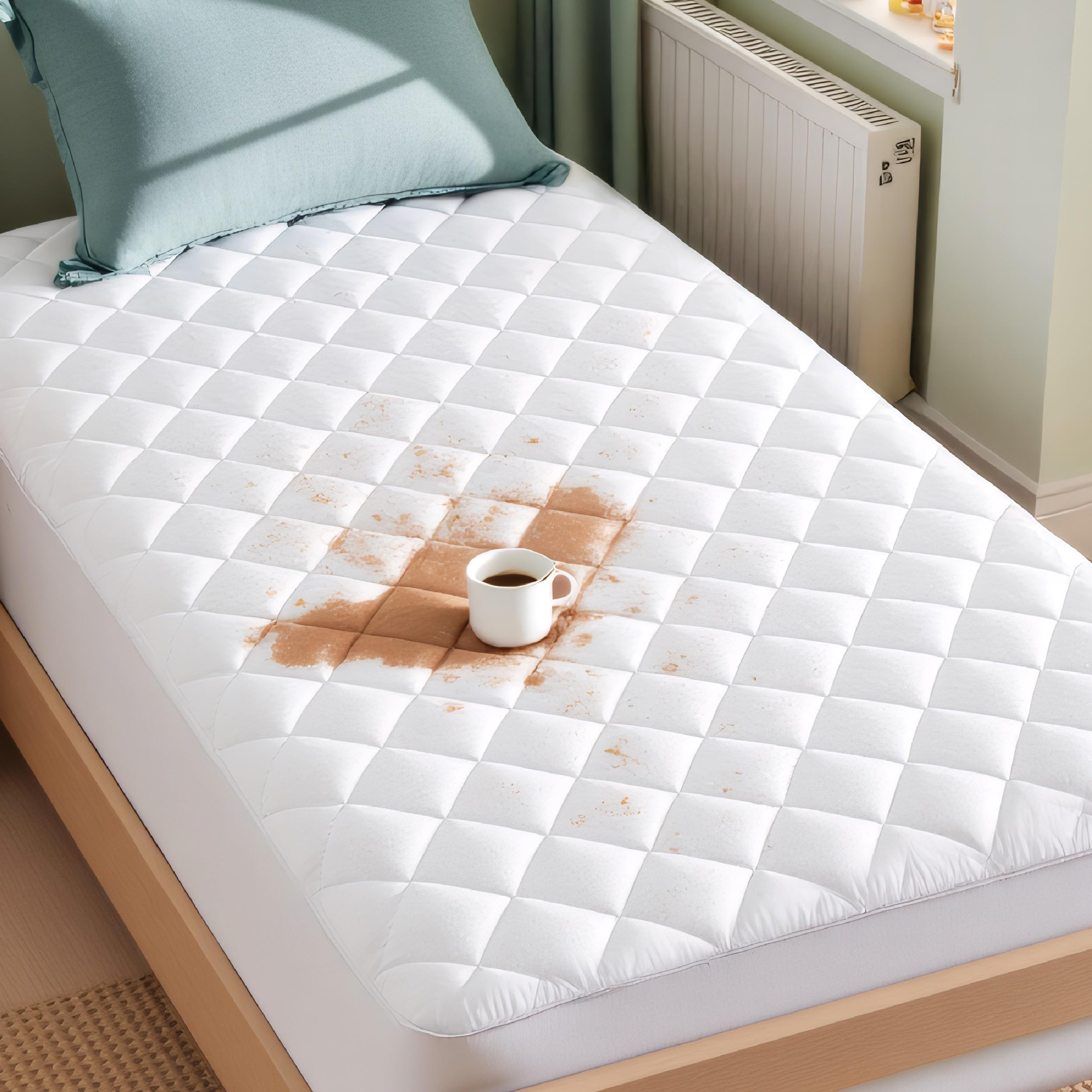 Bedsure Twin XL Mattress Protector with a waterproof layer protects against spills.
