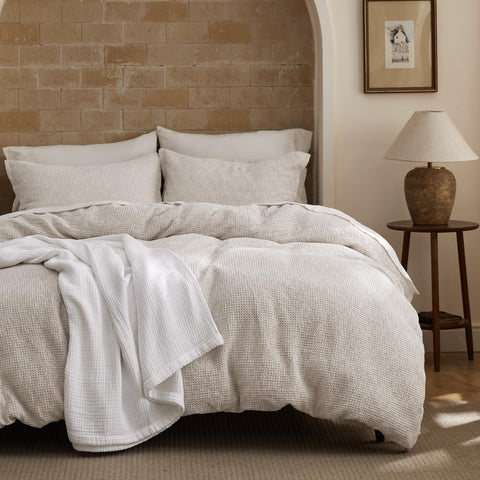 Bedsure waffle texture close-up demonstrates breathable comfort and timeless style.