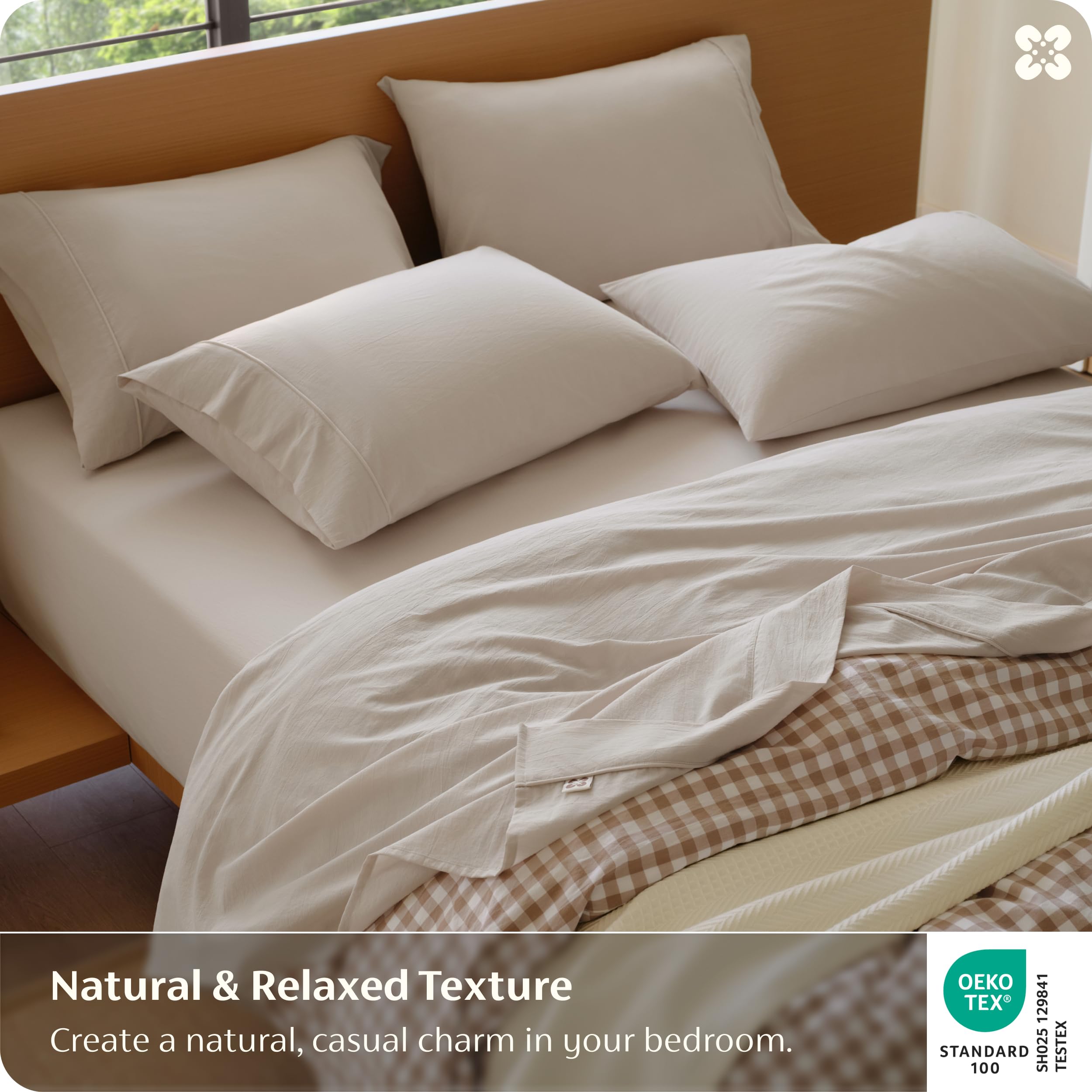 Bedsure king fitted sheet highlights 18-inch deep pocket for secure mattress fit.