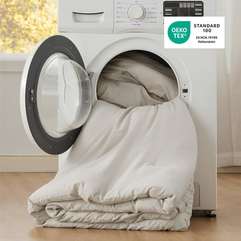 Bedsure washing care instructions graphic emphasizing easy machine washing.