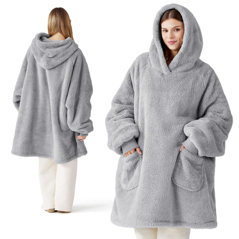 Bedsure wearable blanket hoodie front view shows cozy warmth and plush sherpa texture