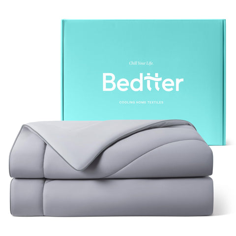 Bedtter cooling comforter top view on bed highlights cooling design for hot sleepers.