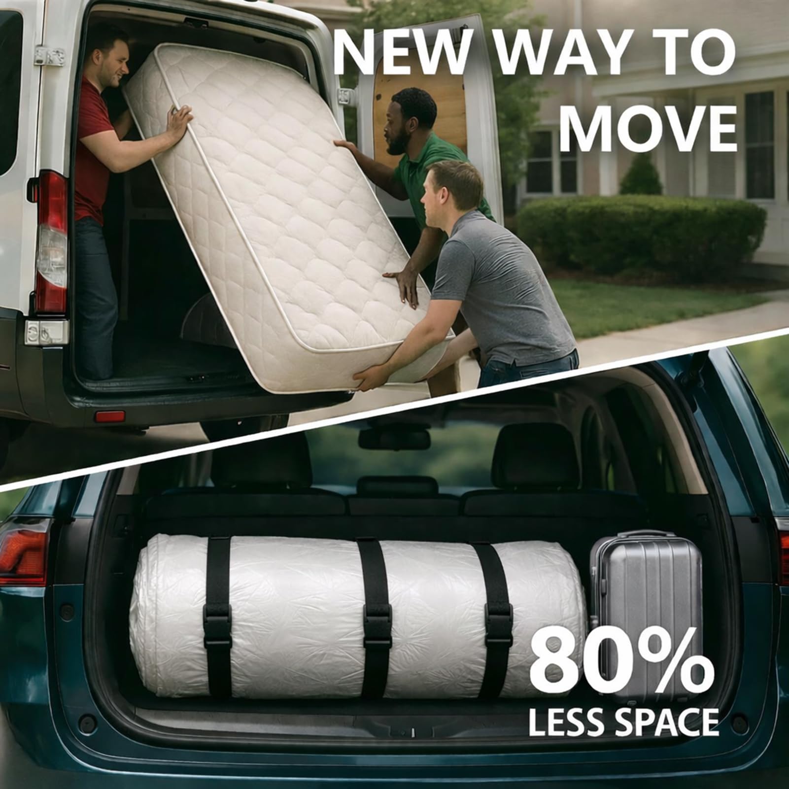 Durable PA+PE material protects a mattress during transport.