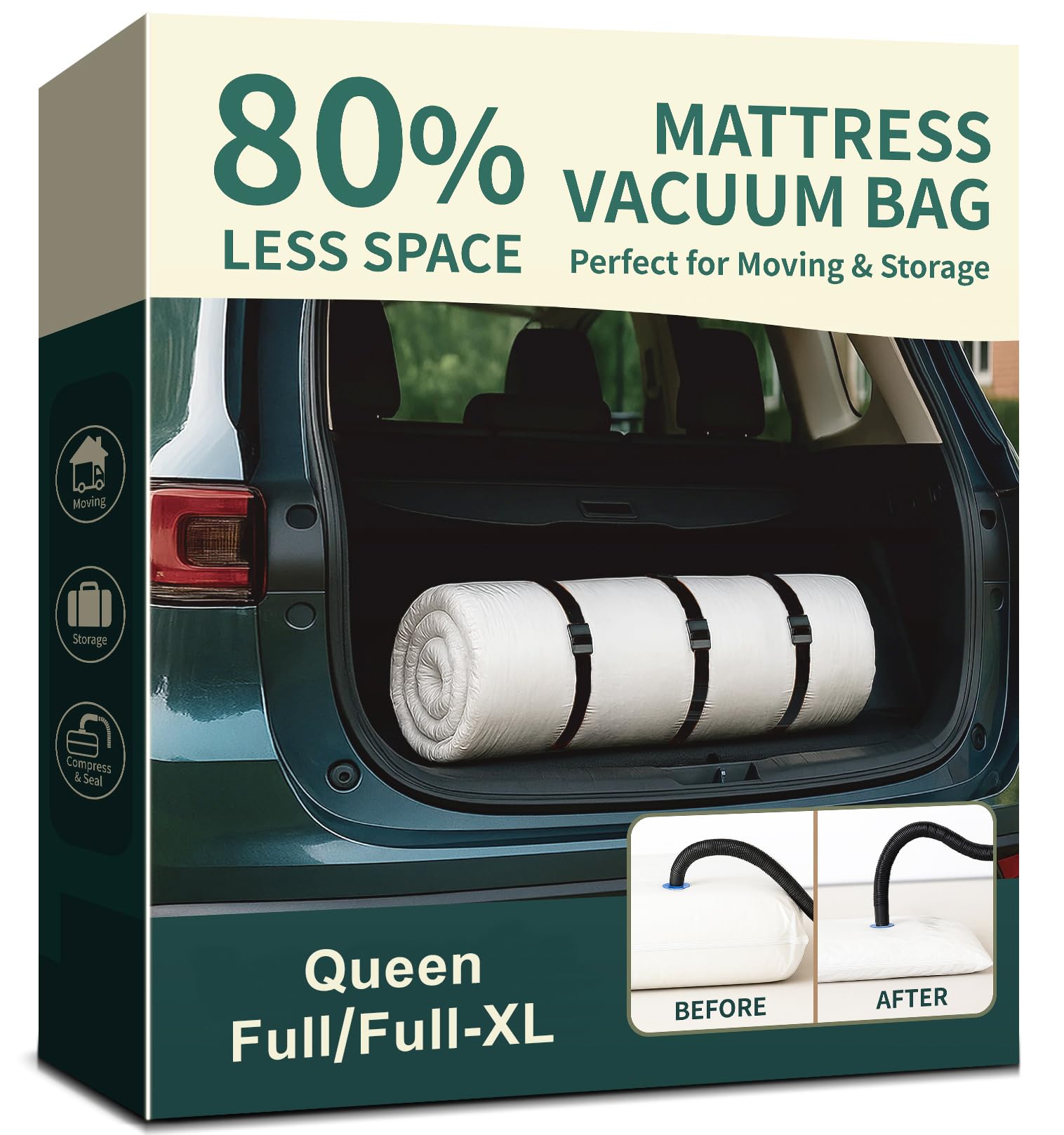 BeeCoAoo mattress vacuum bag demonstrates space-saving for queen or full mattresses.