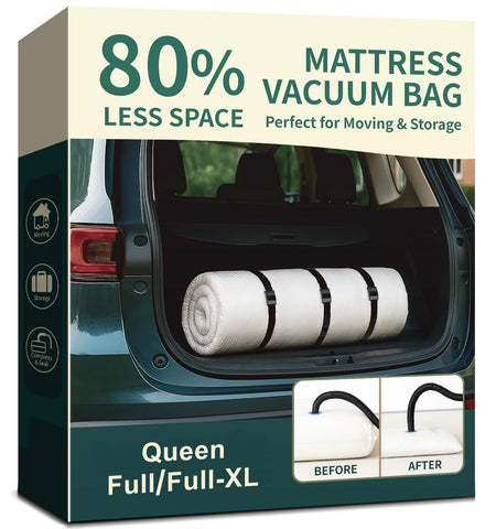 BeeCoAoo mattress vacuum bag demonstrates space-saving for queen or full mattresses.