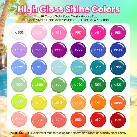 Beetles Summer Gel Polish Set swatches display 36 colors for inspiration.