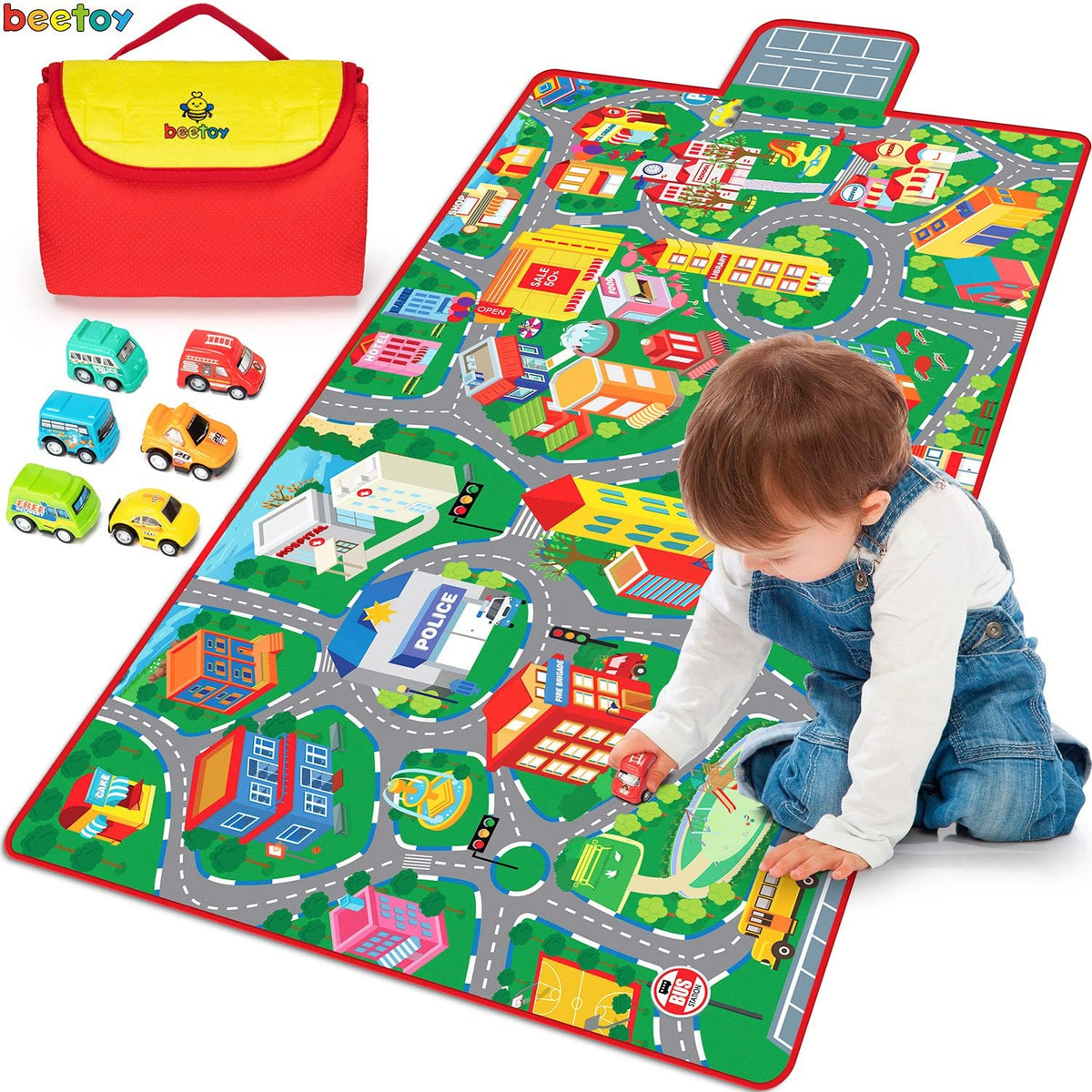 Beetoy car rug city streets graphic for safe imaginative play