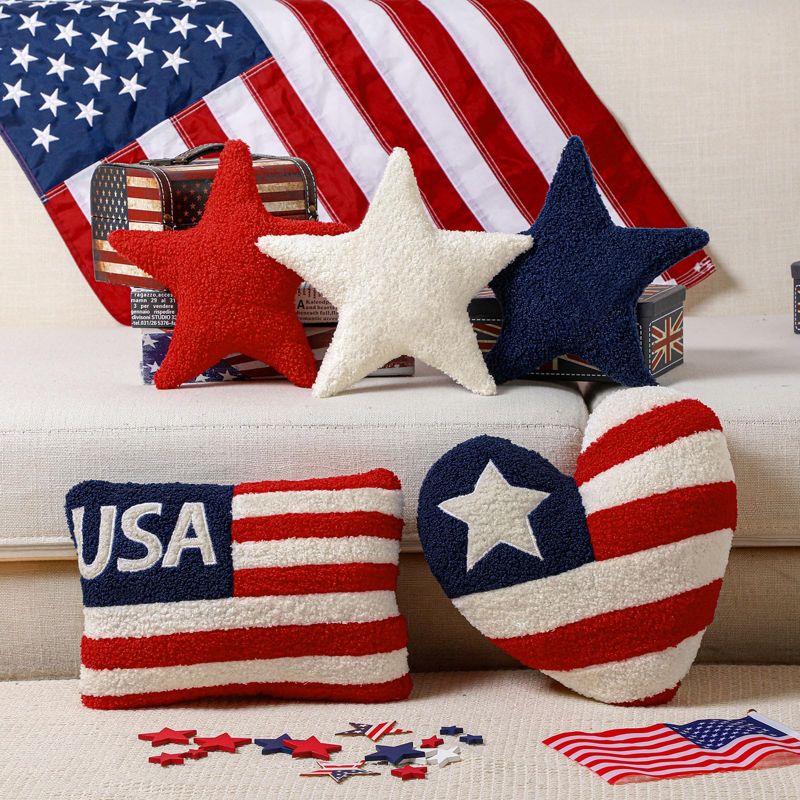 Beeveer star shaped pillow provides a bold holiday accent for sofa