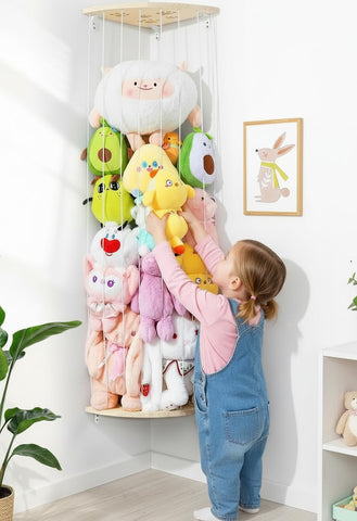 Befayoo wooden corner zoo displays plush toys neatly for a cozy, organized nursery.
