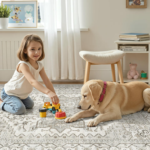 befbee kids-pets friendly rug image emphasizes stain resistance and safe play area