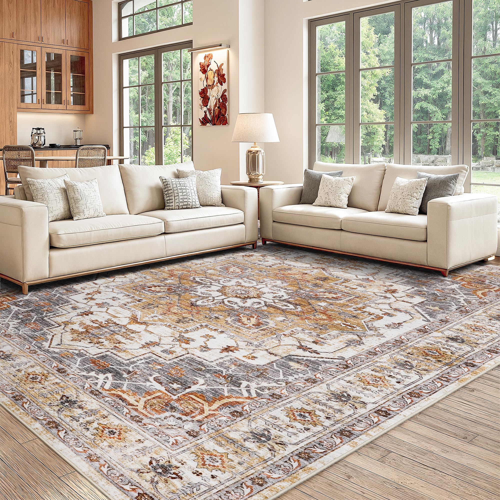 befbee 8x10 washable area rug full view in turmeric grey, soft and versatile