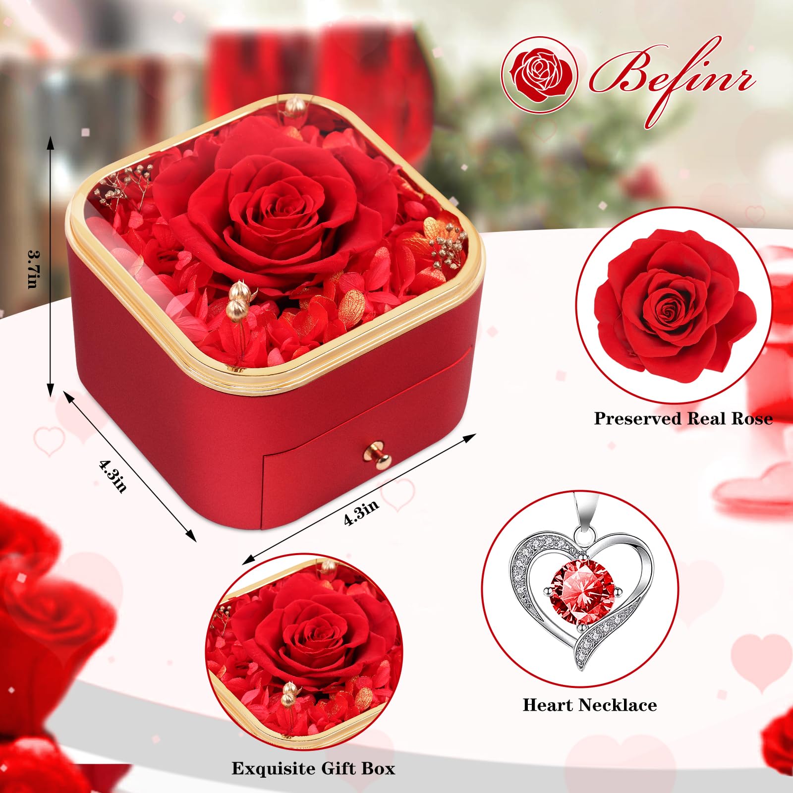 Beferr forever rose gift box with heart necklace, ideal for Mothers Day and birthdays.