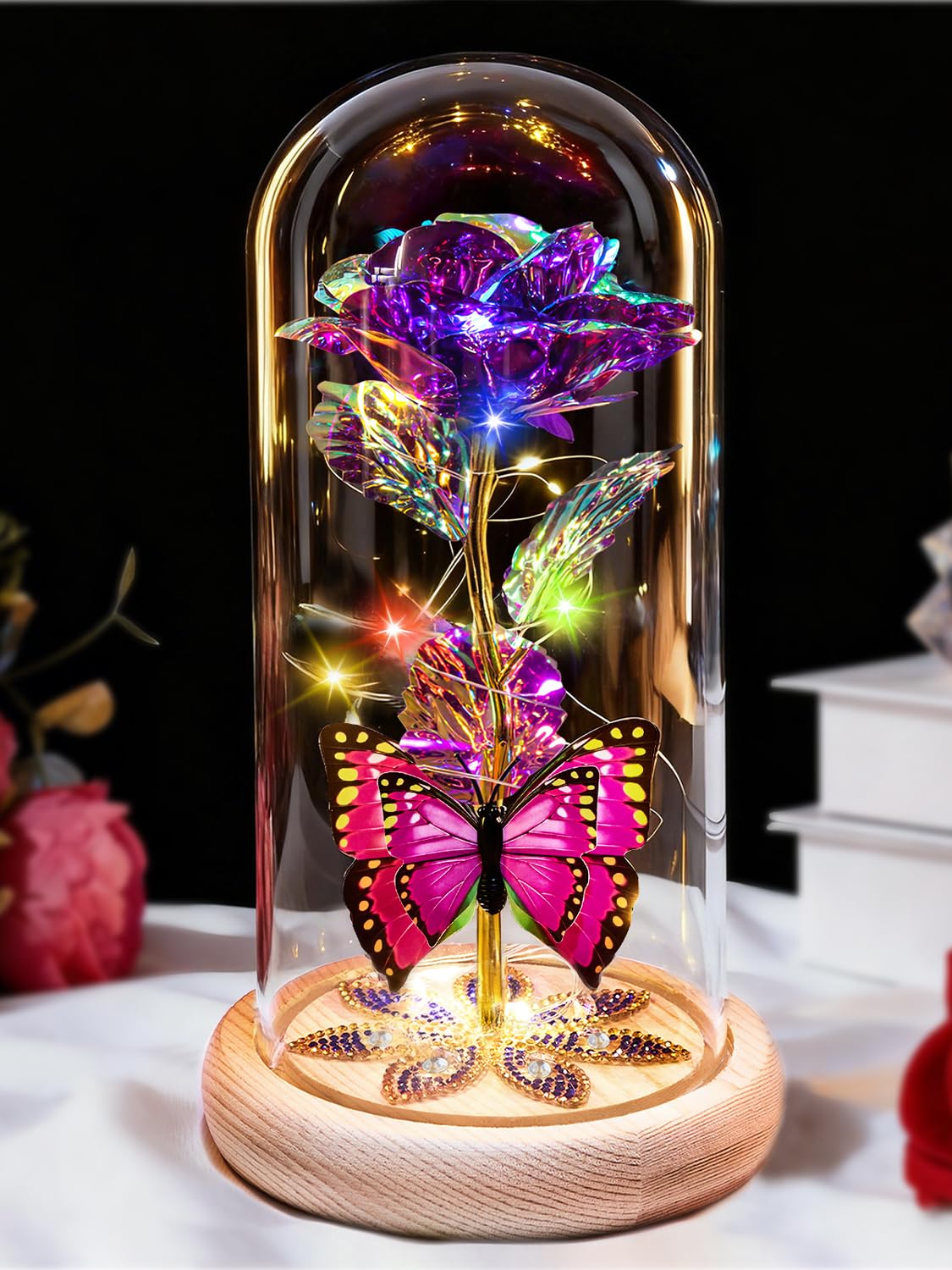 Beferr Galaxy Glass Rose Dome showcases an elegant, shimmering keepsake for home decor.