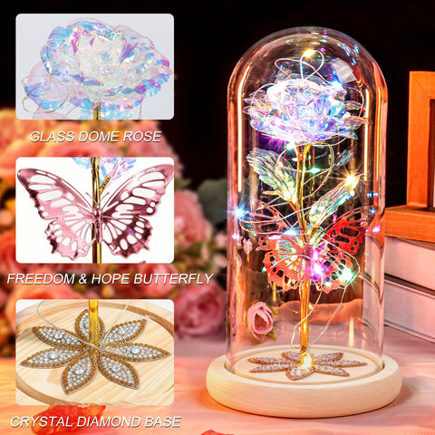 Beferr glass rose featuring butterfly decoration symbolizing beauty and hope