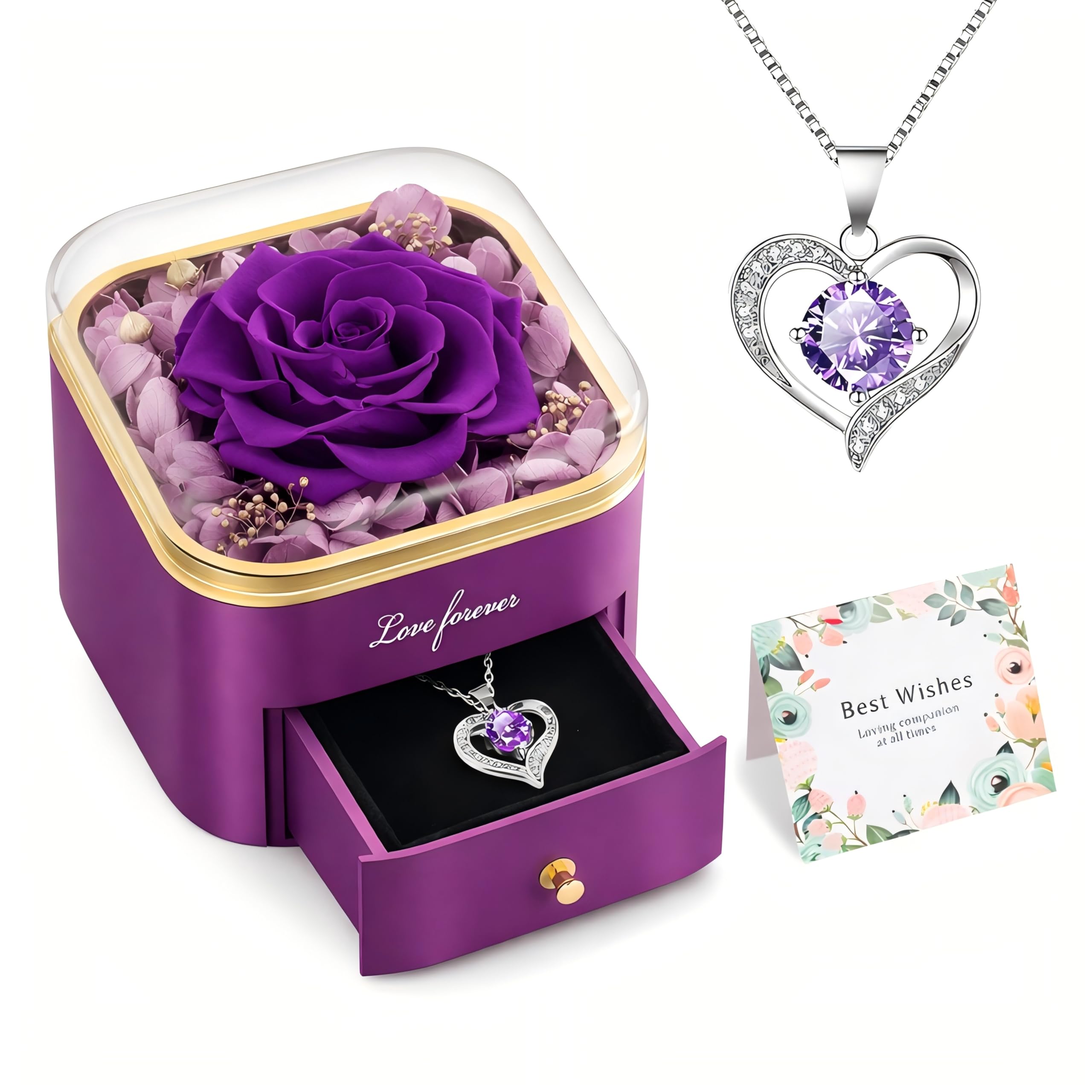 Beferr preserved rose with heart necklace in box, lasting keepsake for anniversaries
