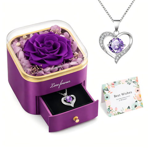 Beferr preserved rose with heart necklace in box, lasting keepsake for anniversaries
