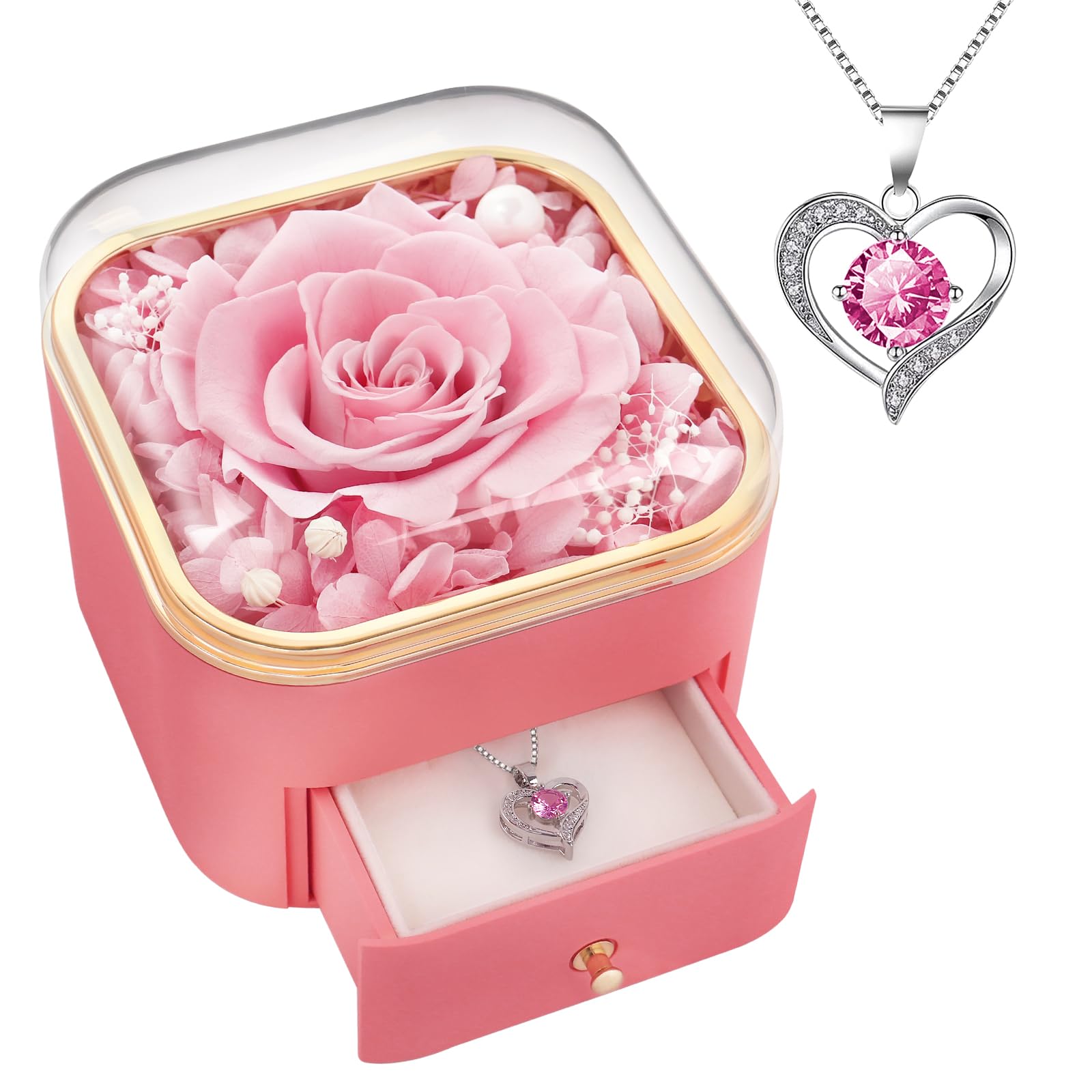 Beferr preserved rose with necklace in gift box, lasting romantic keepsake