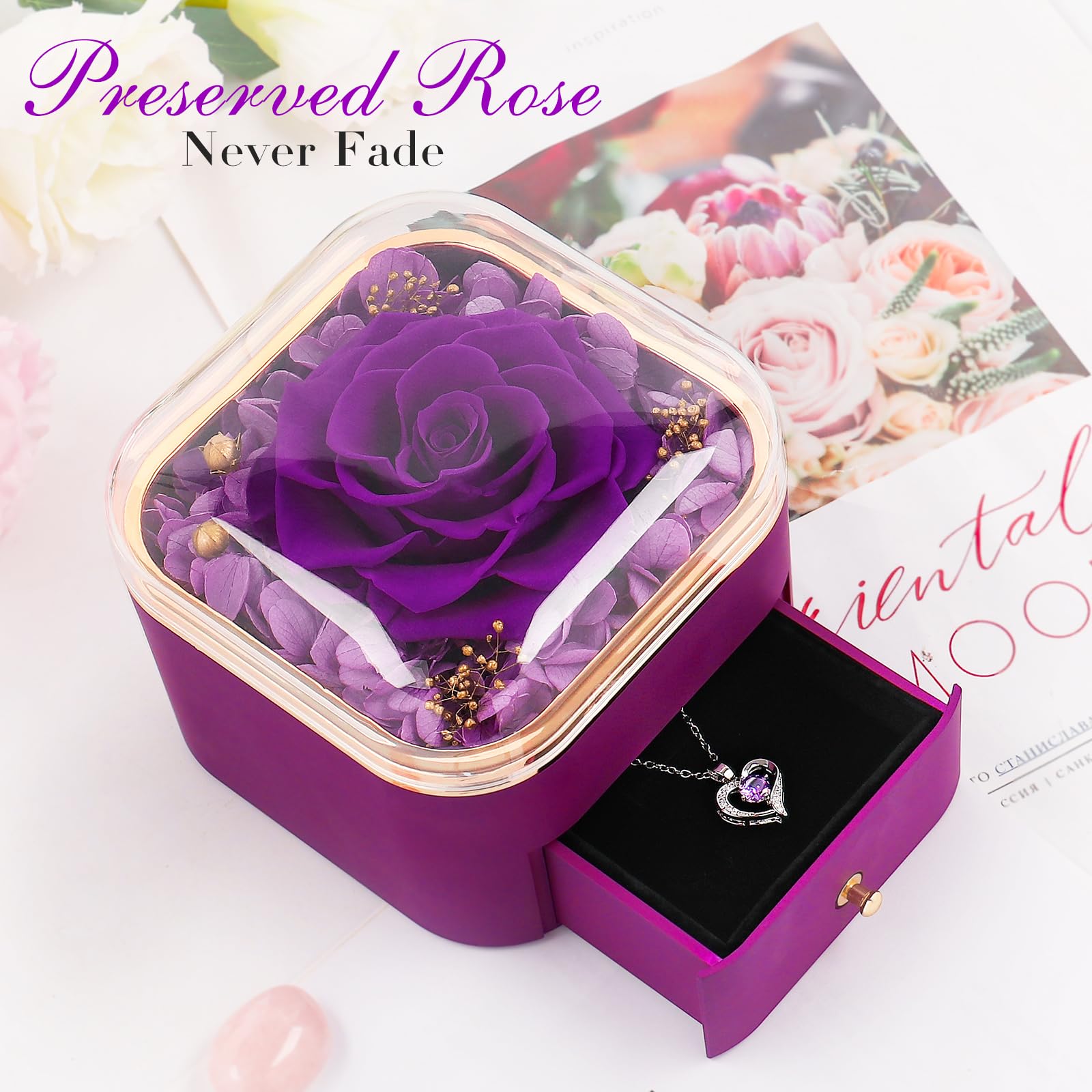Beferr rose and necklace on table, ready for presentation