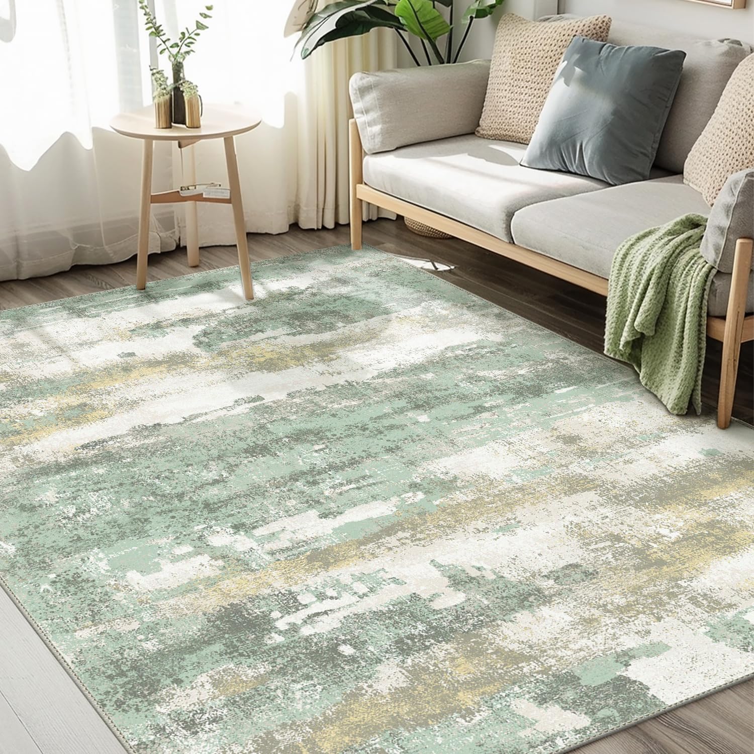 BEIMO 8x10 light-green abstract rug adds cozy style to living rooms.