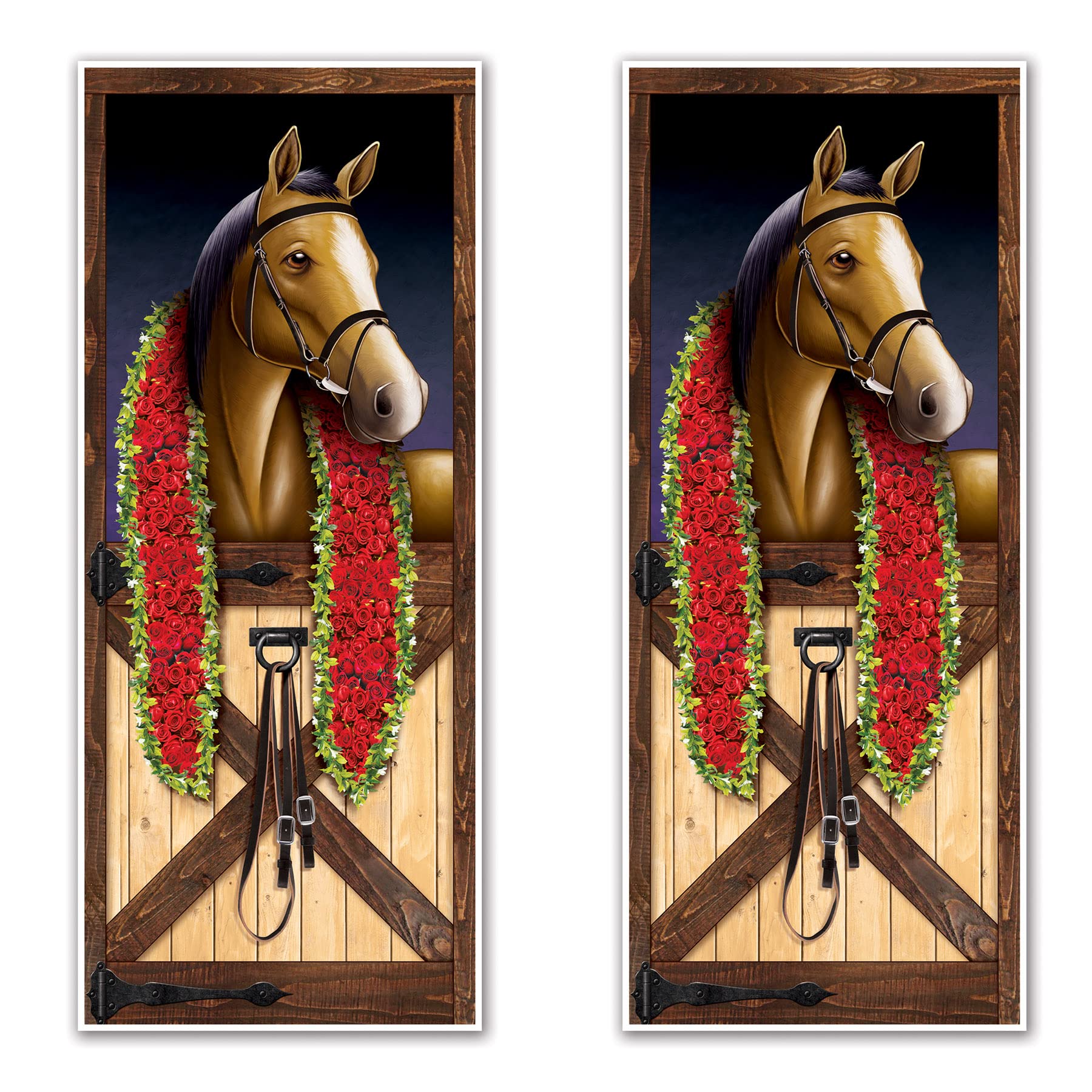 Beistle horse racing door cover with racetrack scene for an eye-catching entryway.