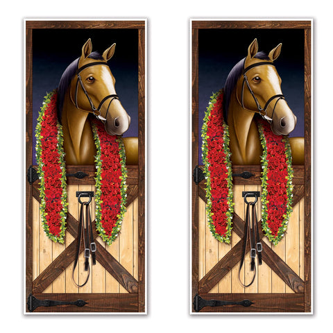 Beistle horse racing door cover with racetrack scene for an eye-catching entryway.