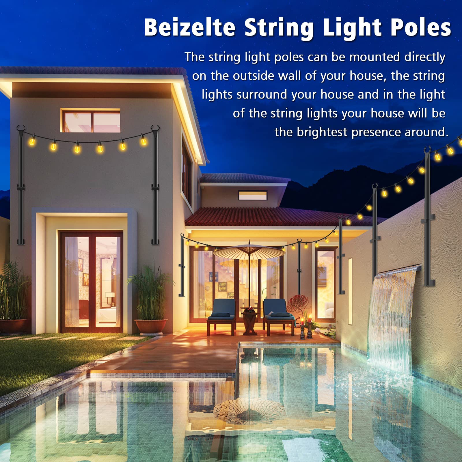 Beizelte outdoor light poles enhancing garden decor with light-ready frame.