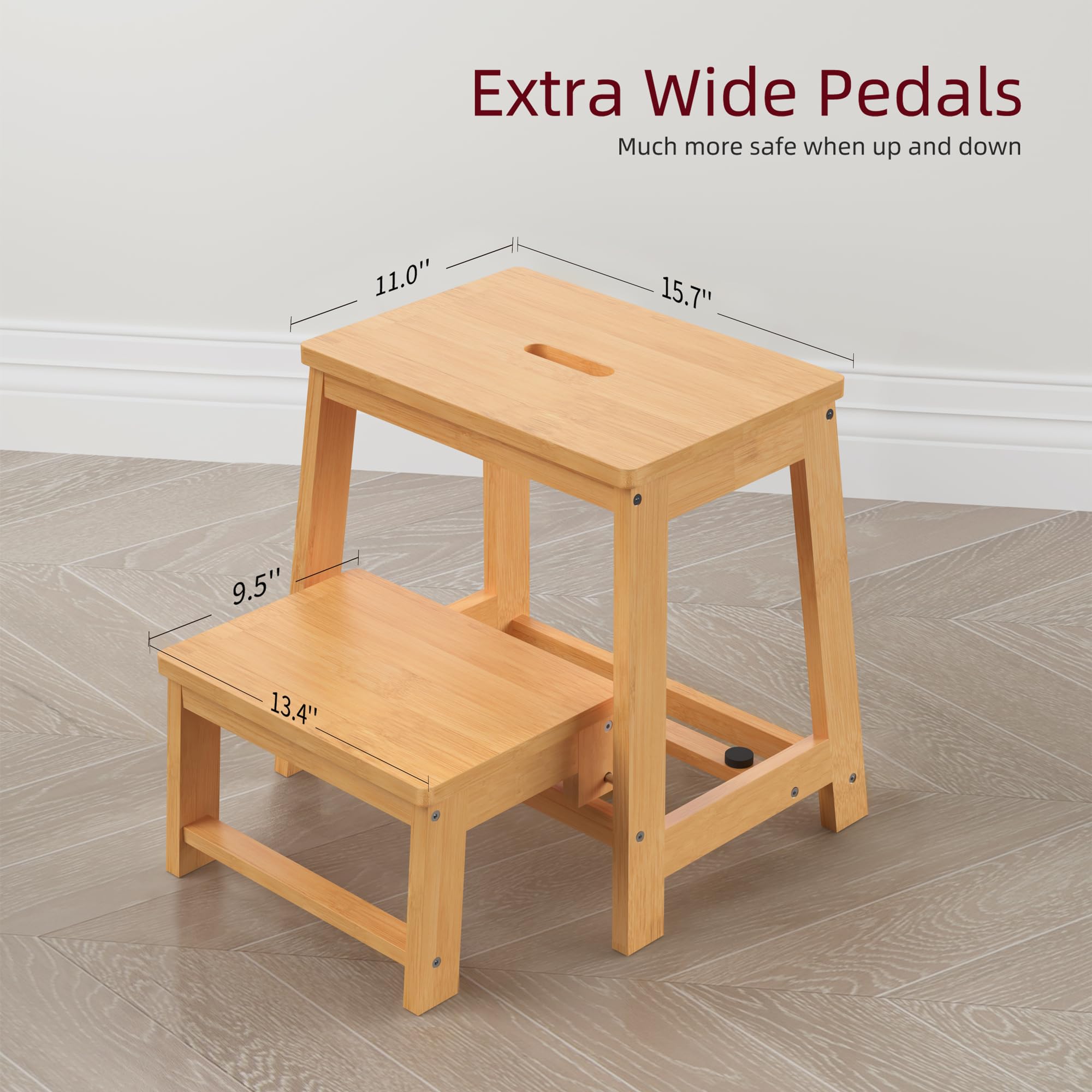 BEKVEM bamboo stool shows anti-slip pads protect floors during use.