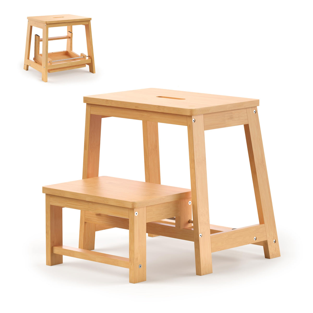 BEKVEM bamboo folding step stool, assembled, provides sturdy reach for kitchen and bathroom tasks.