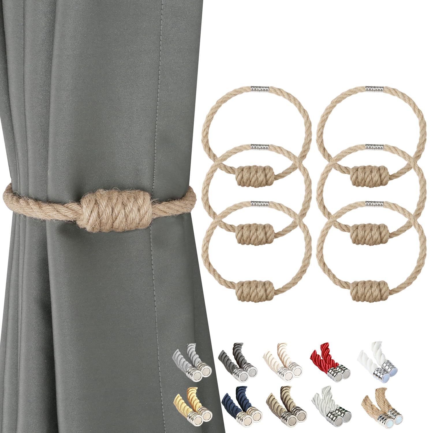 BEL AVENIR magnetic jute curtain tiebacks front view showing clean window styling.