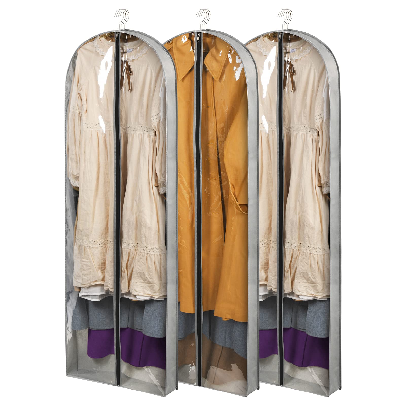 Belinlen 3-pack 60-inch garment bags, front view, clear for quick outfit identification