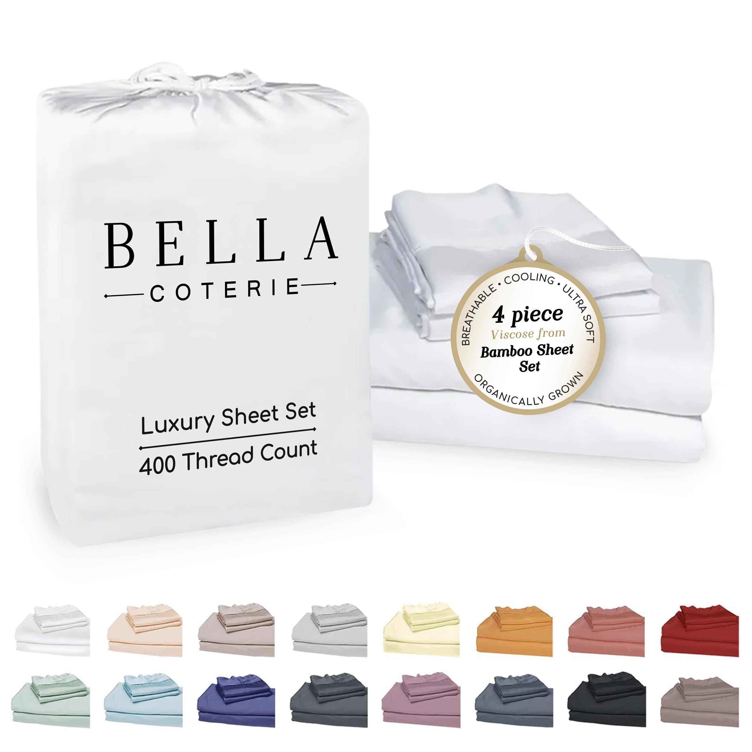 BC Bella Coterie bamboo sheet set king size on white bed, silky and cooling.