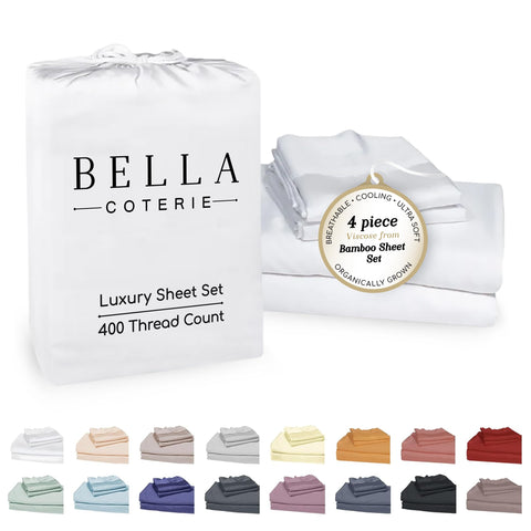 BC Bella Coterie bamboo sheet set king size on white bed, silky and cooling.