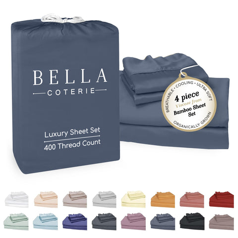Bella Coterie bamboo sheets in slate blue set show silky softness and cooling comfort