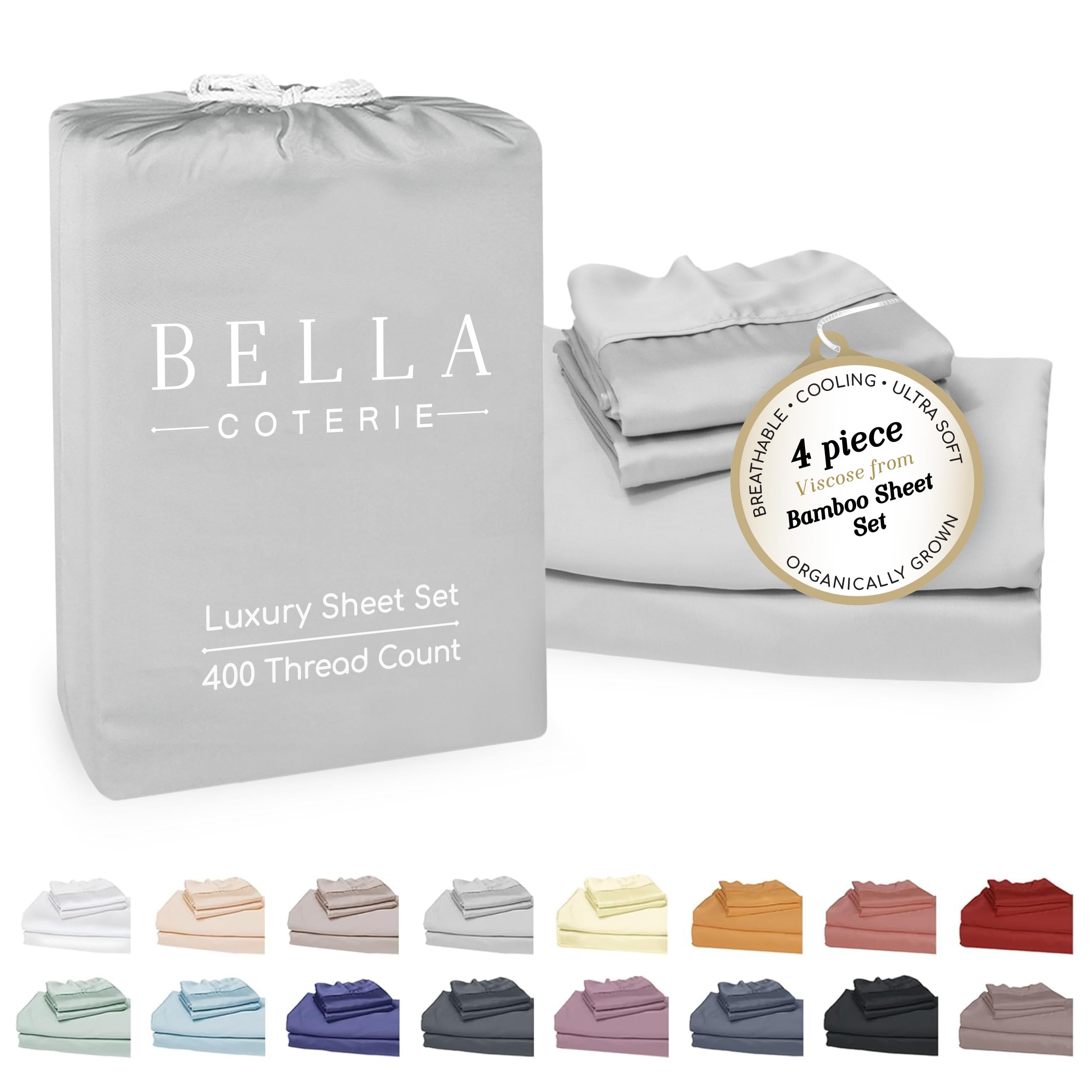 Bella Coterie bamboo viscose king sheet set in Grey Mist folded, showcasing silky-soft texture.