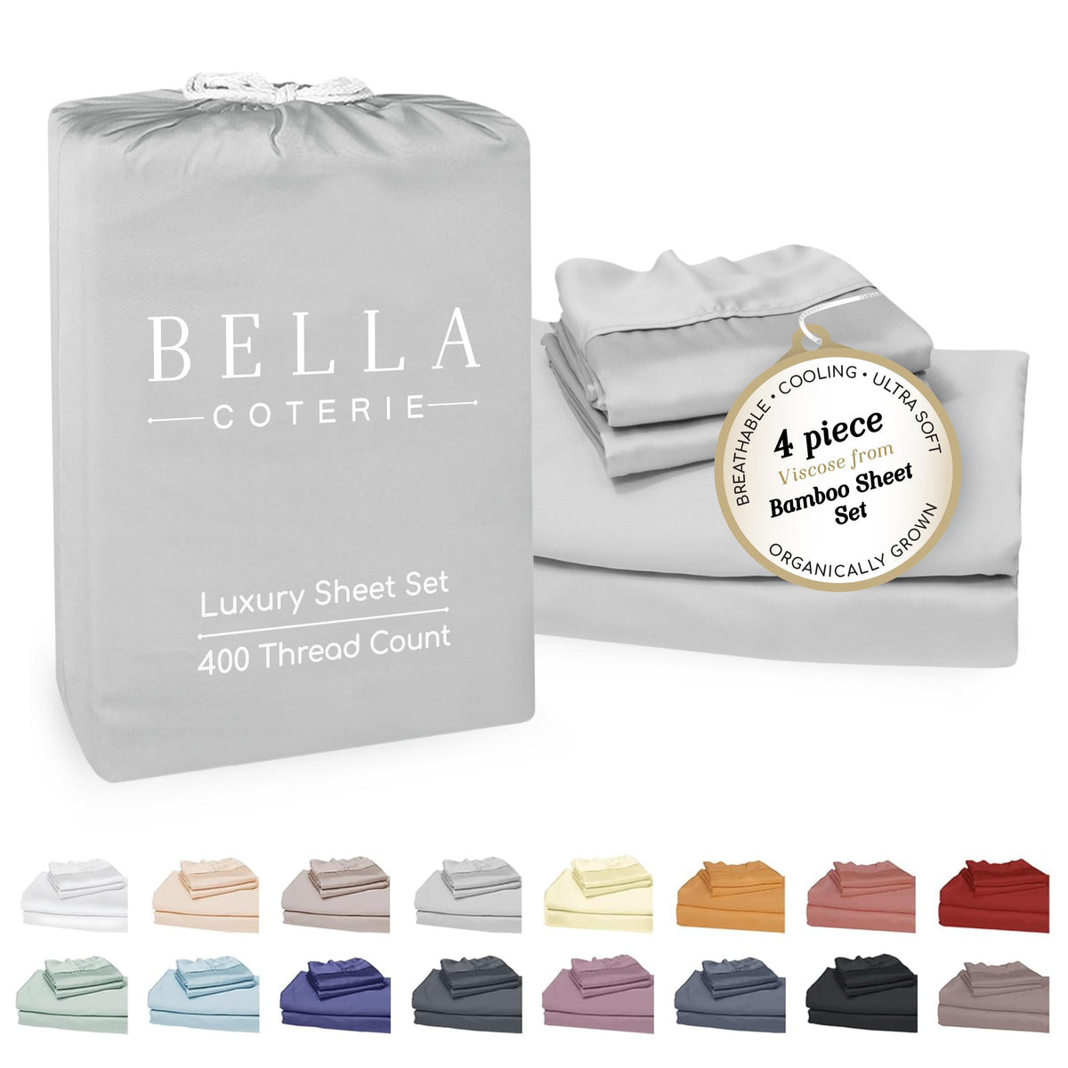 Bella Coterie bamboo viscose king sheet set in Grey Mist folded, showcasing silky-soft texture.