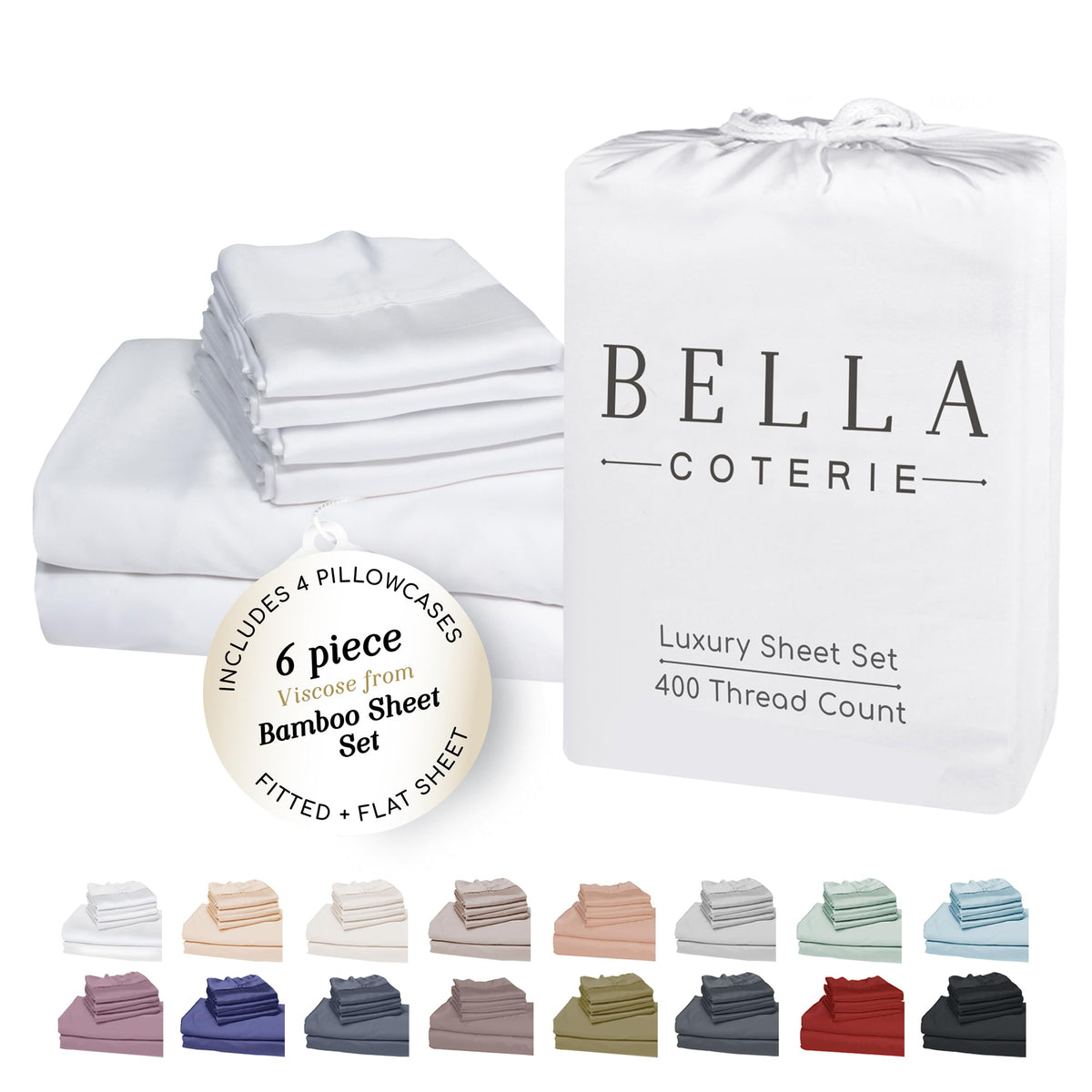 Bella Coterie bamboo viscose king sheet set packaging highlights premium quality