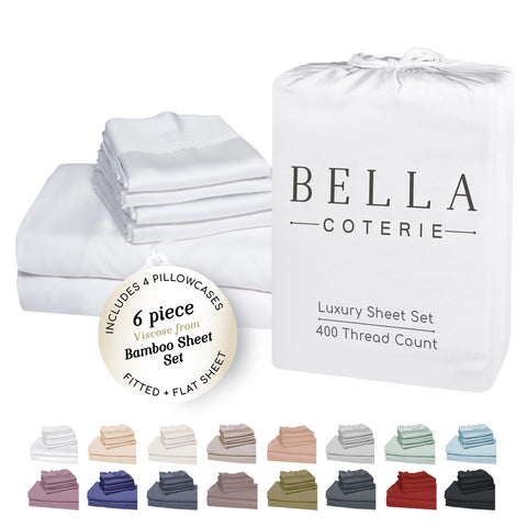 Bella Coterie bamboo viscose king sheet set packaging highlights premium quality