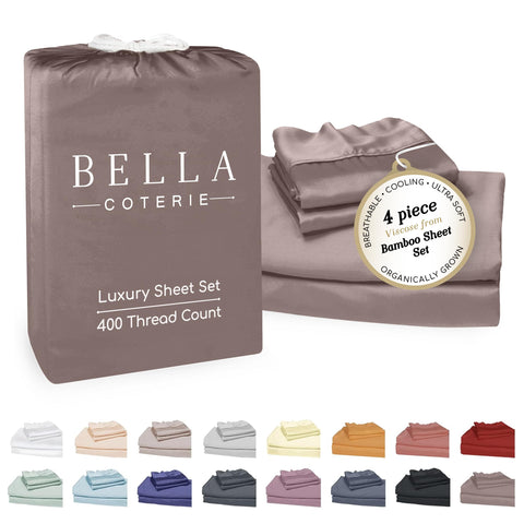 Bella Coterie bamboo viscose sheet set flatlay in mocha offers silky comfort and cooling