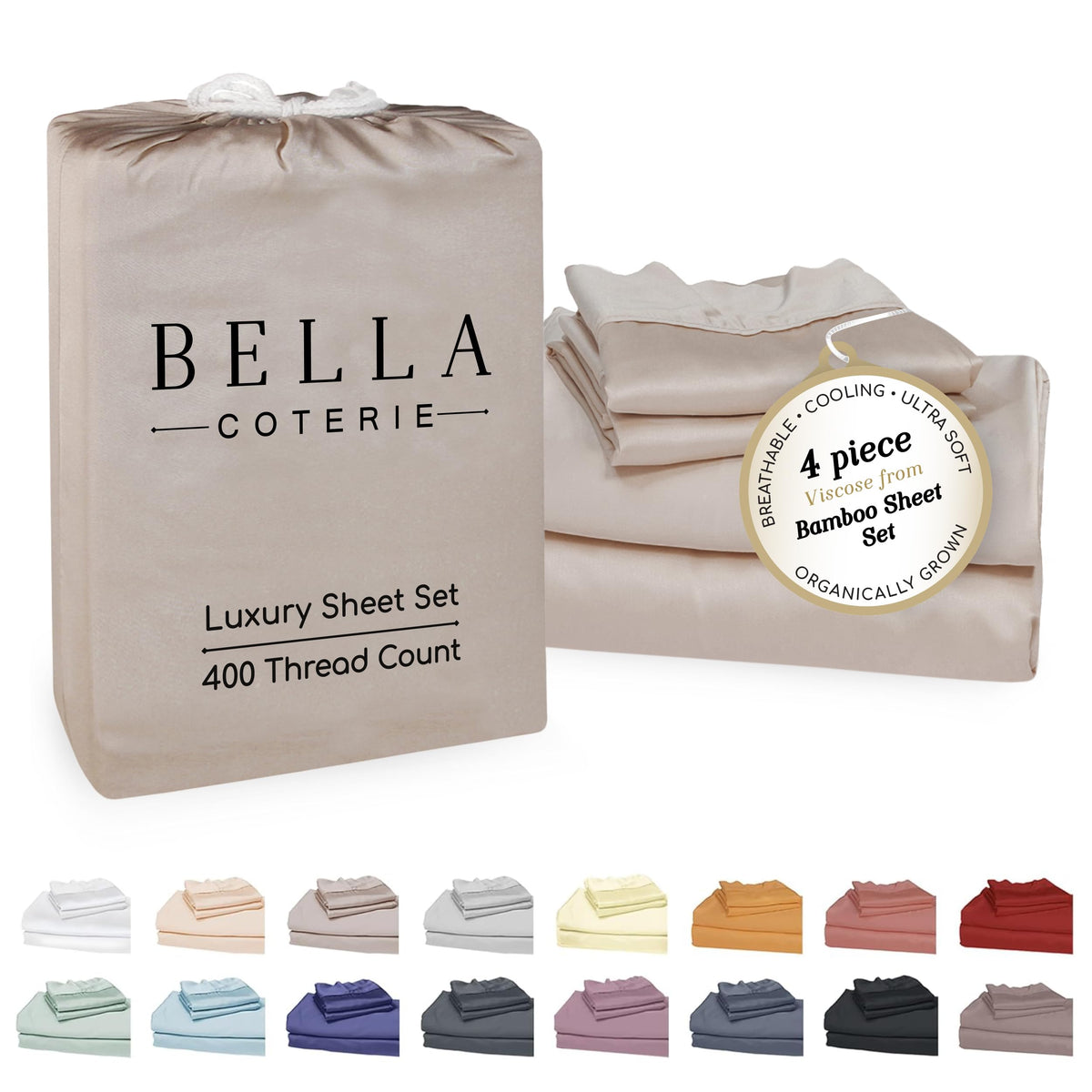 Bella Coterie bamboo viscose sheets in dune front view offer silky softness and cooling comfort