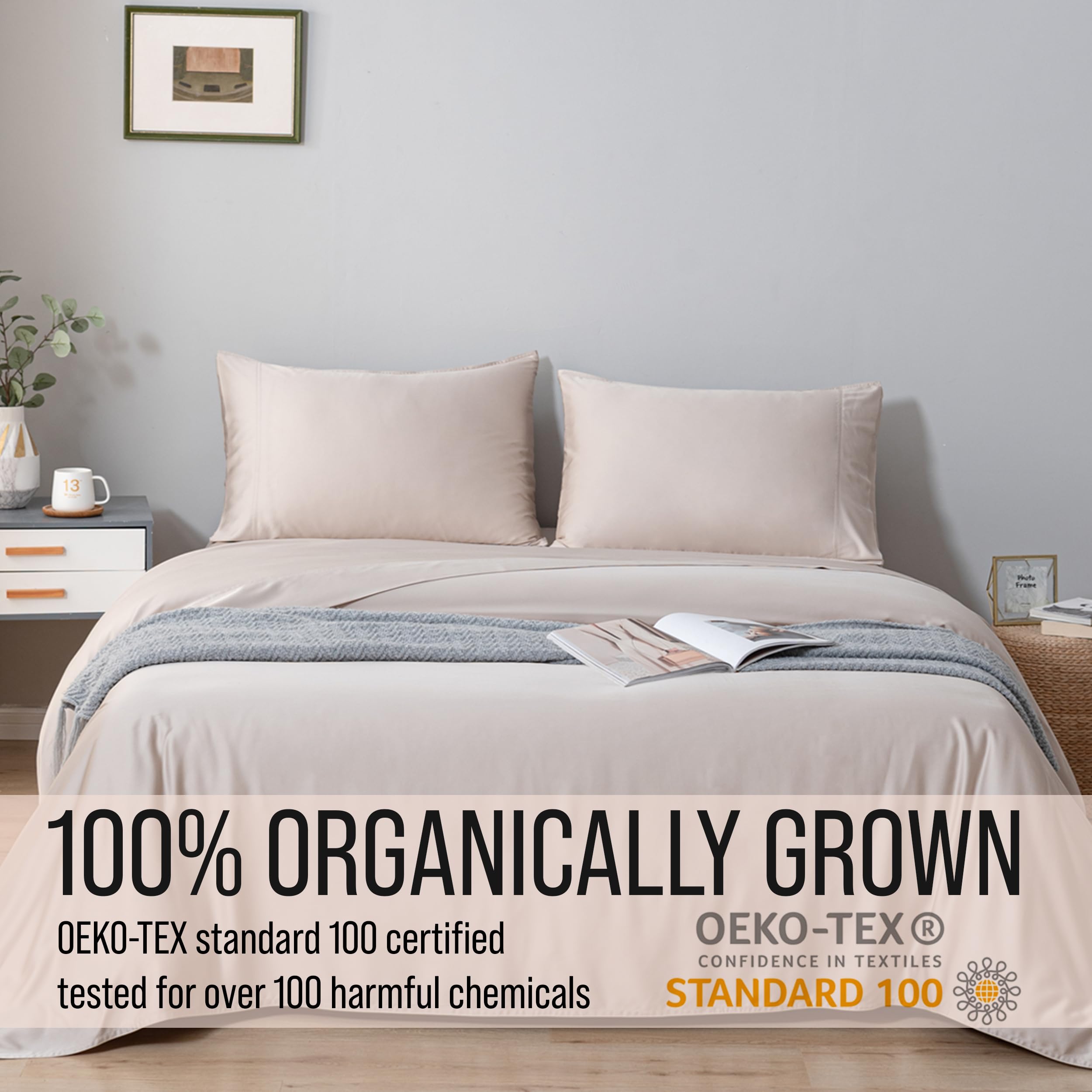 Bella Coterie king-size sheets in dune on bed show generous depth for toppers