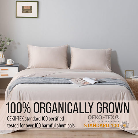 Bella Coterie king-size sheets in dune on bed show generous depth for toppers