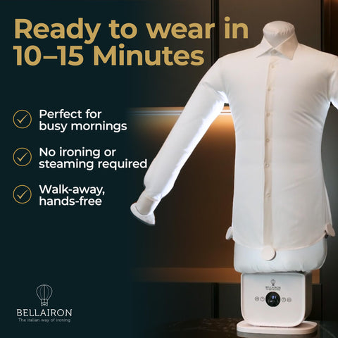 Bellairon damp shirt inside inflatable form with even heat applied.
