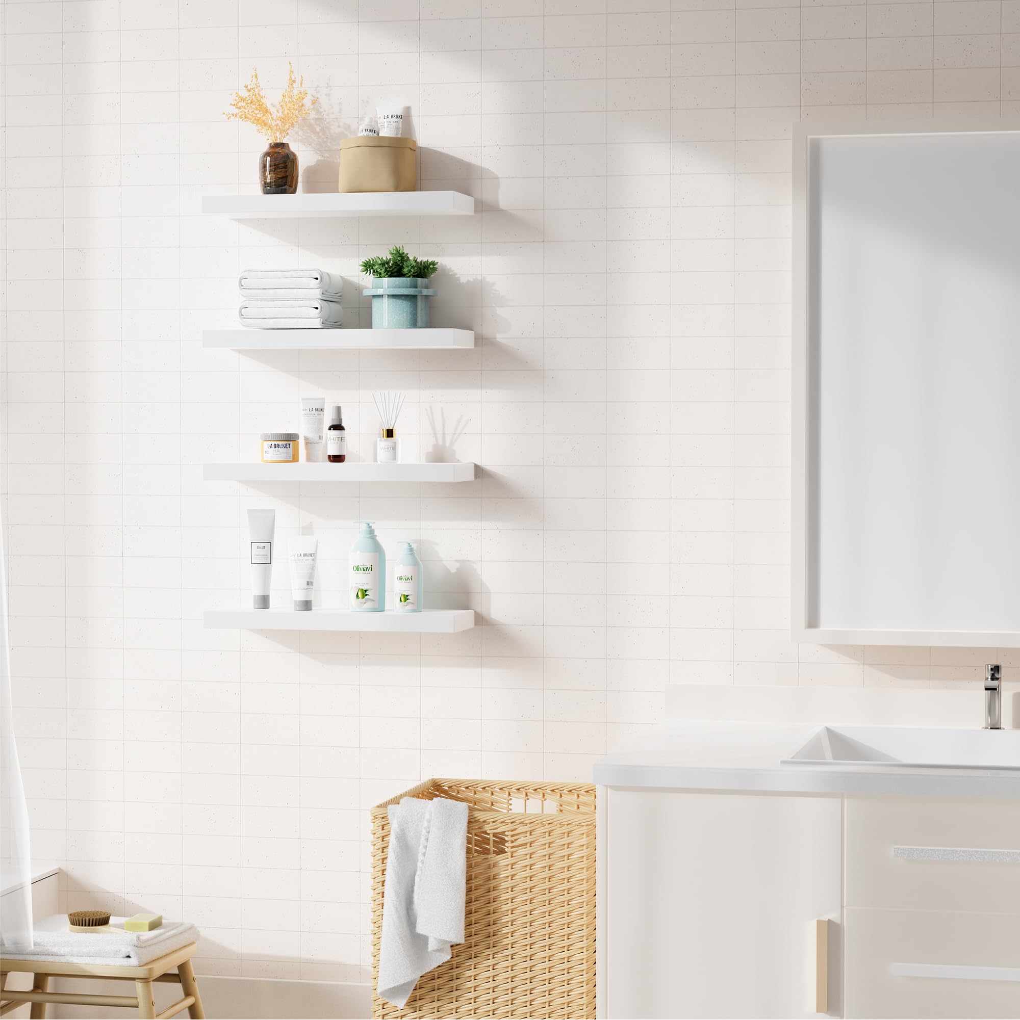 Bellsal bedroom display shelf adds tidy vertical storage.