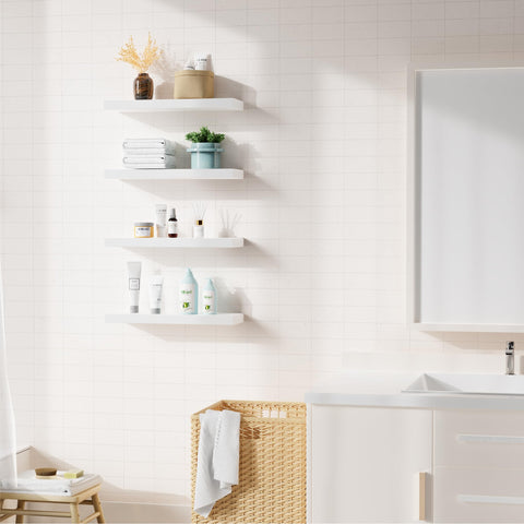 Bellsal bedroom display shelf adds tidy vertical storage.