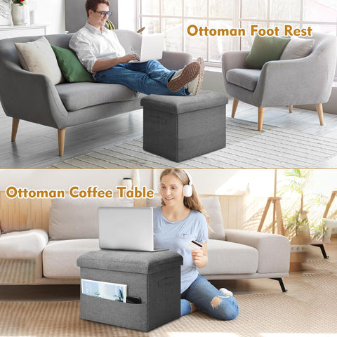 BelugaHelper foldable ottoman with side pockets keeps remotes within reach.
